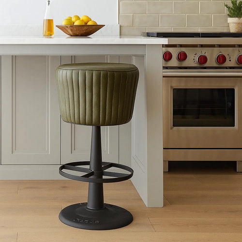 Myra Mushroom Counter Stool | Green Ribbed Leather | Dark Gray Iron Base