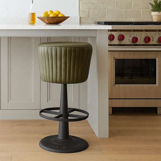 Myra Mushroom Counter Stool | Green Ribbed Leather | Dark Gray Iron Base