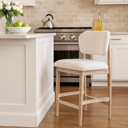 Fela Counter Stool Chair | Ivory White and Back | Natural Brown Wood