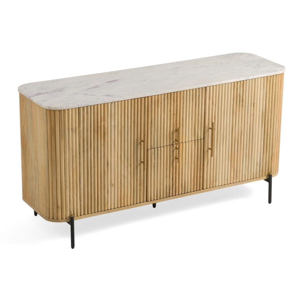 Cid Jolie Sideboard Buffet Cabinet | 59’’ Marble Top I Reeded Mango Wood,| 4 Doors BM338224
