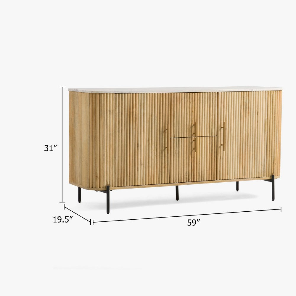 Cid Jolie Sideboard Buffet Cabinet | 59’’ Marble Top I Reeded Mango Wood,| 4 Doors BM338224