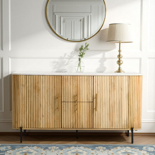 Cid Jolie Sideboard Buffet Cabinet | 59" Marble Top I Reeded Mango Wood,| 4 Doors