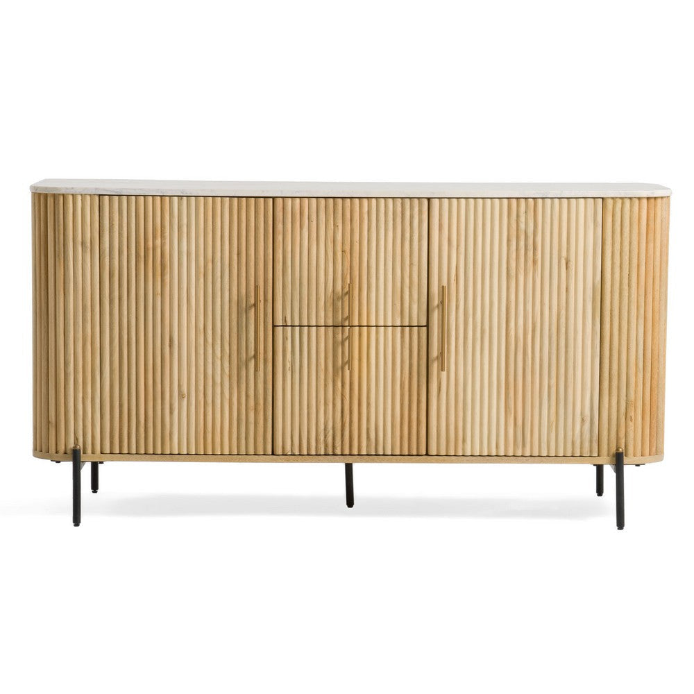 Cid Jolie Sideboard Buffet Cabinet | 59" Marble Top I Reeded Mango Wood,| 4 Doors
