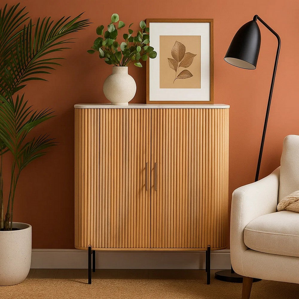 Cid Jolie Accent Cabinet | 47" Marble Top | Reeded Mango Wood | 2 Doors