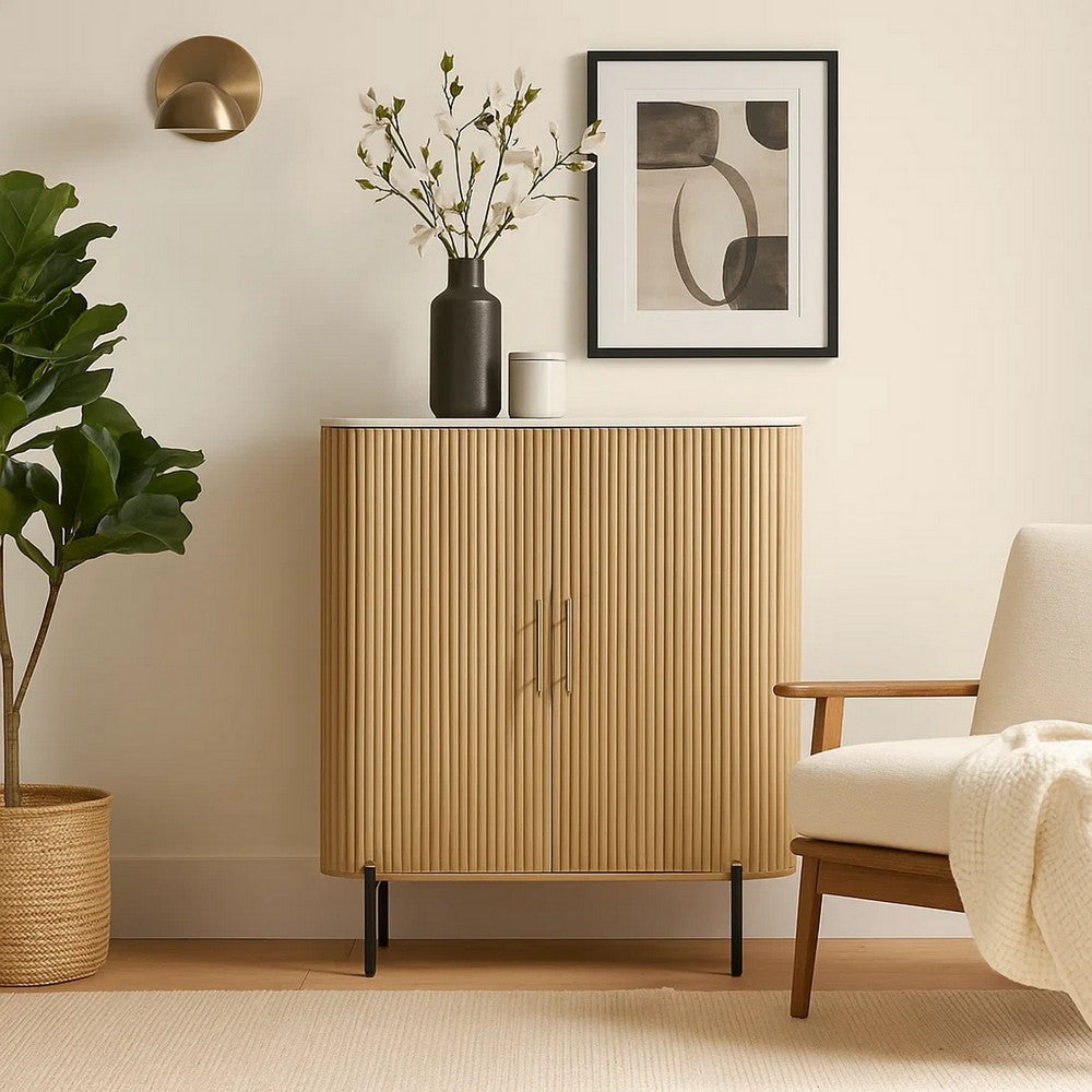 Cid Jolie Accent Cabinet | 47" Marble Top | Reeded Mango Wood | 2 Doors