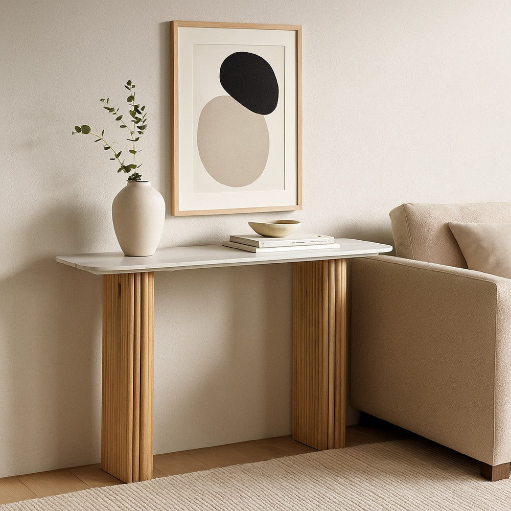 Cid Jolie Sofa Console Table | Marble Top | Fluted Mango Wood Body | 47"