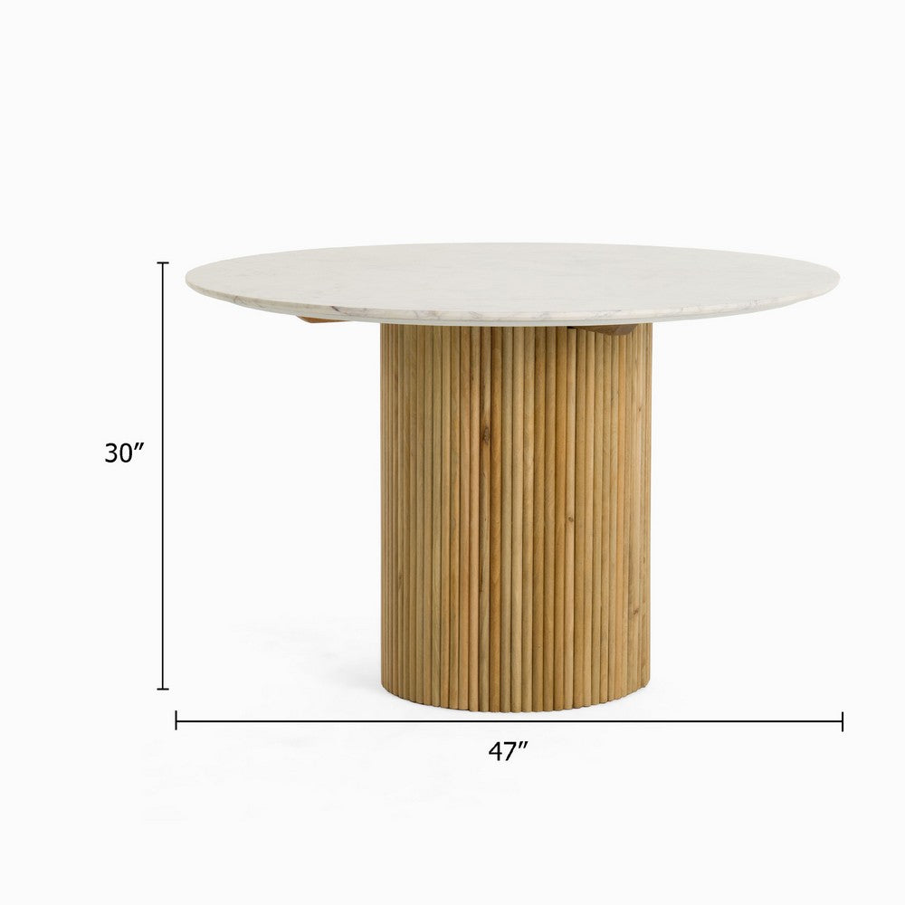 Cid Jolie Dining Table | Fluted Brown Wood | Round Carrara Marble Top | 47"