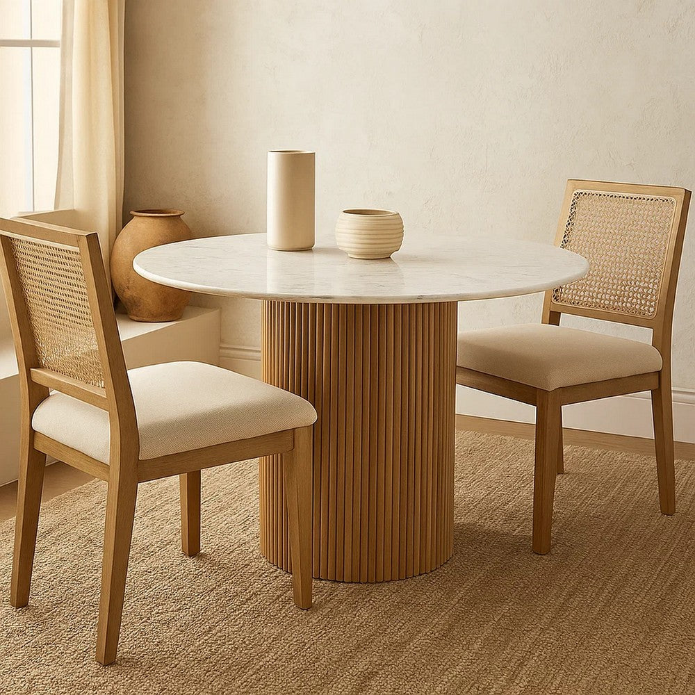 Cid Jolie Dining Table | Fluted Brown Wood | Round Carrara Marble Top | 47"