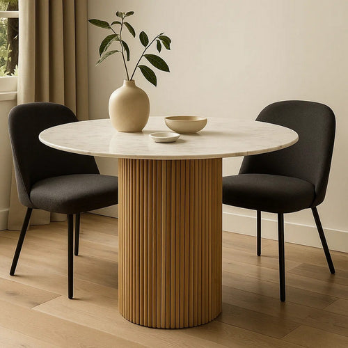 Cid Jolie Dining Table | Fluted Brown Wood | Round Carrara Marble Top | 47"