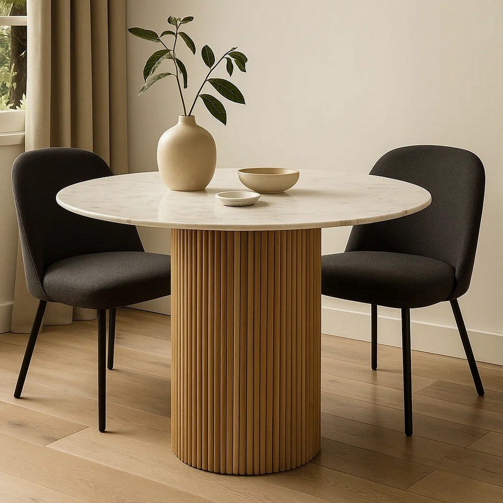 Cid Jolie Dining Table | Fluted Brown Wood | Round Carrara Marble Top | 47"