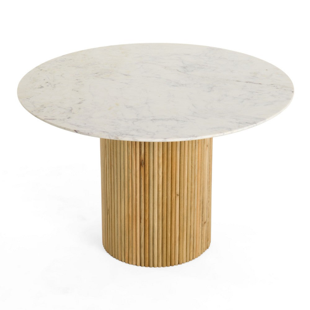Cid Jolie Dining Table | Fluted Brown Wood | Round Carrara Marble Top | 47"