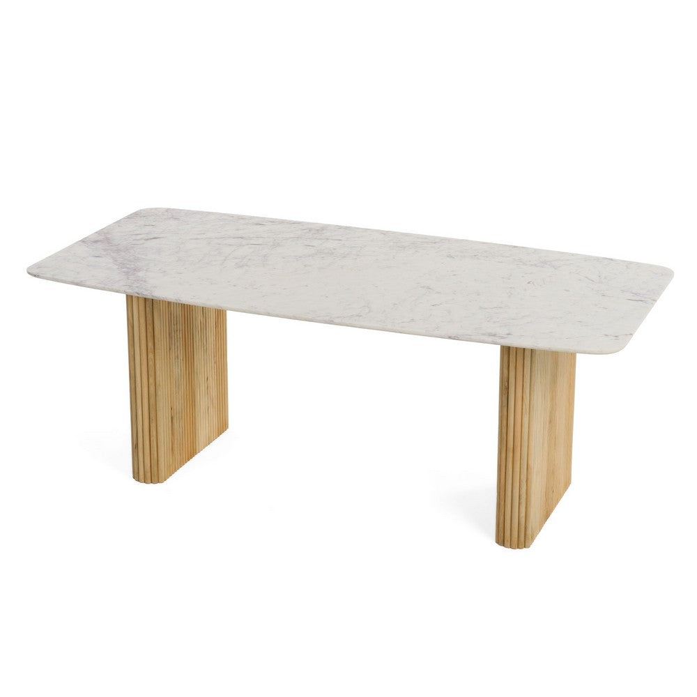 Cid Jolie Dining Table | Fluted Brown Wood | 79" Carrara Marble Top