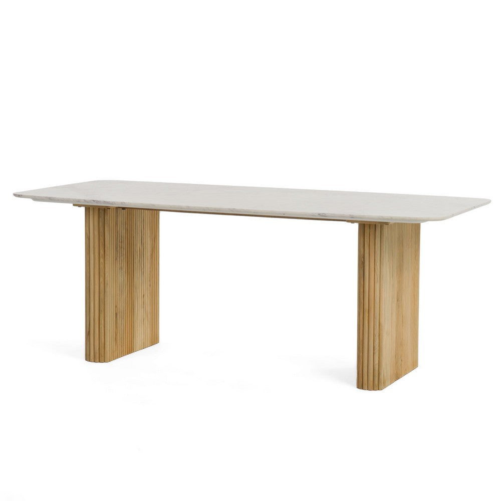 Cid Jolie Dining Table | Fluted Brown Wood | 79" Carrara Marble Top