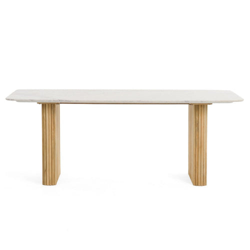Cid Jolie Dining Table | Fluted Brown Wood | 79" Carrara Marble Top