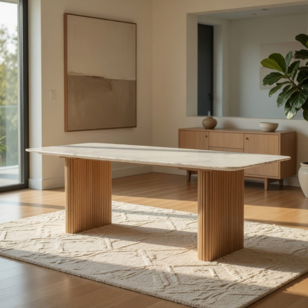 Cid Jolie Dining Table | Fluted Brown Wood | 79" Carrara Marble Top