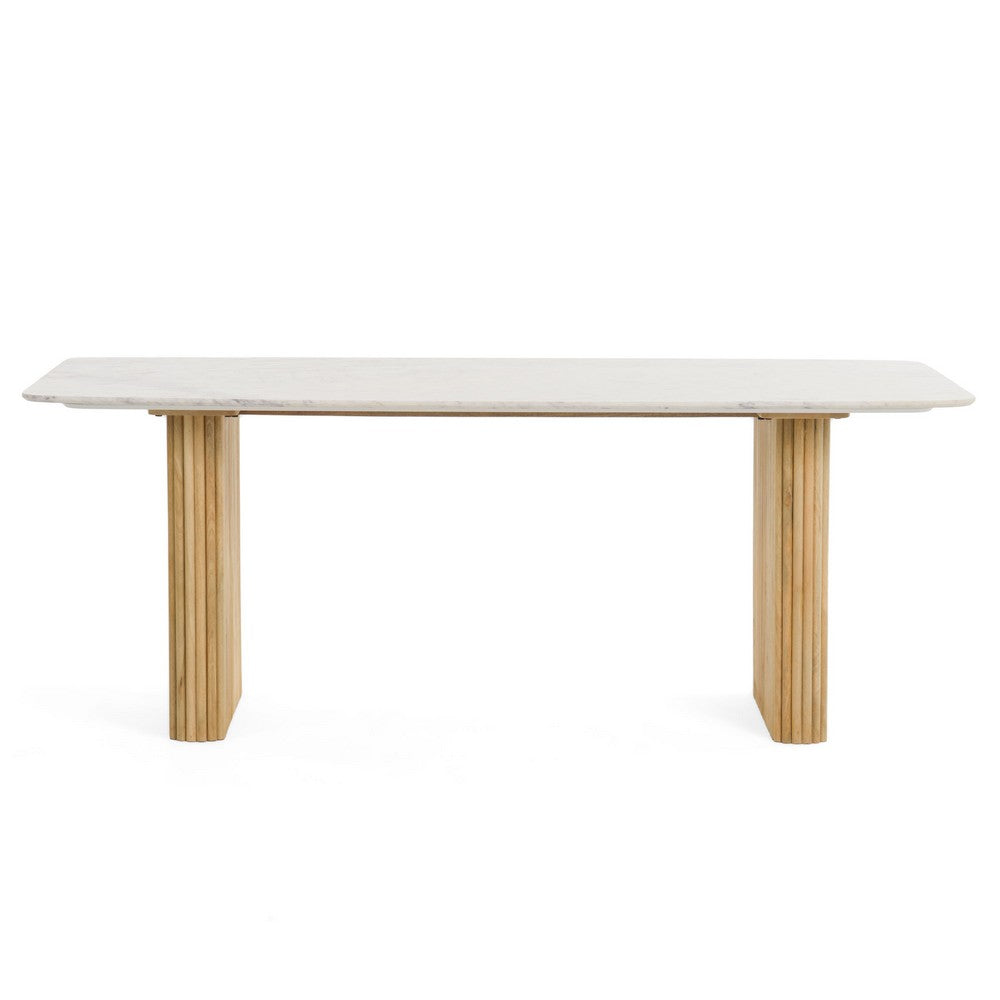 Cid Jolie Dining Table | Fluted Brown Wood | 79" Carrara Marble Top