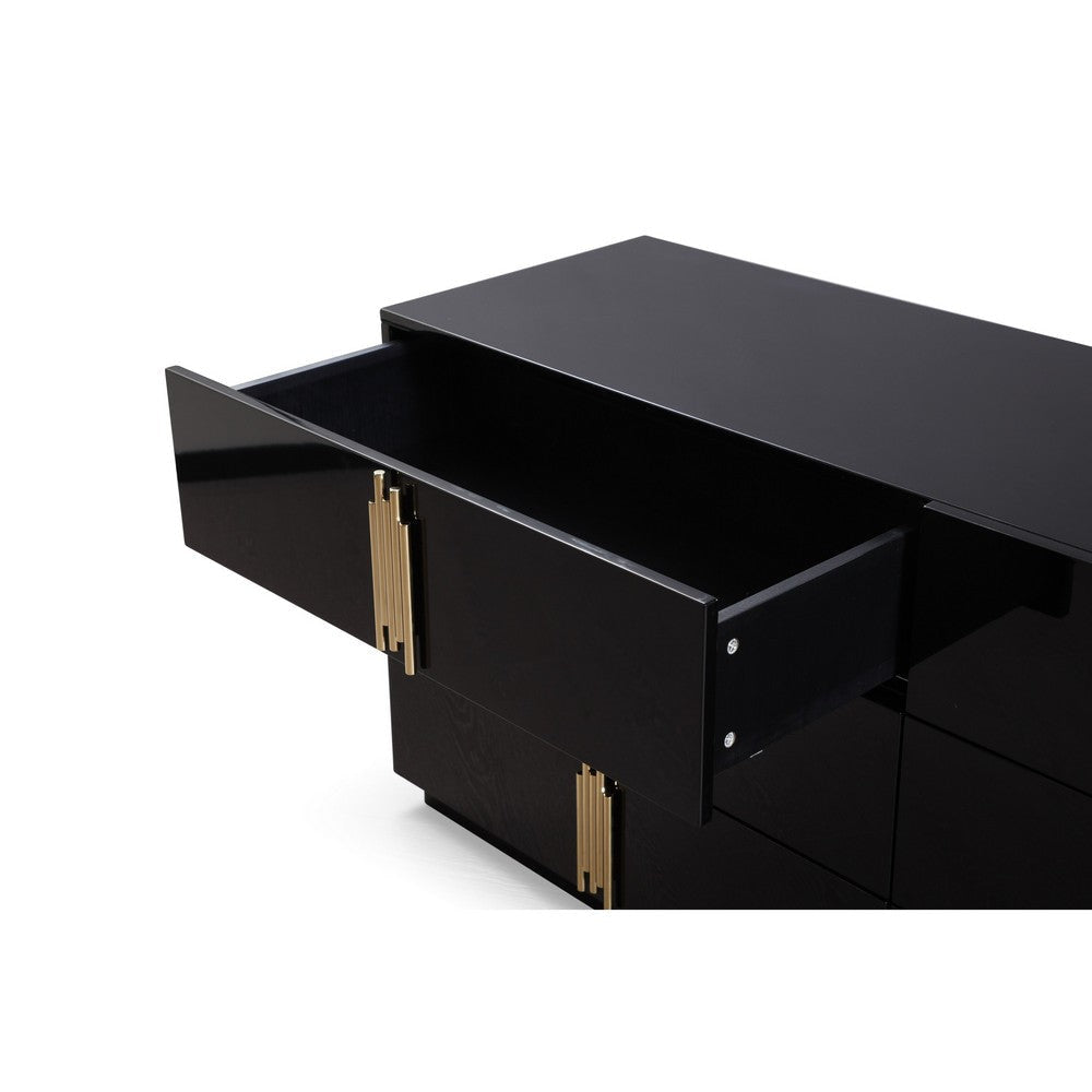 Cid Inji Dresser | 6 Drawers w Vertical Handles | 66’’ | Glossy Black Wood BM338231