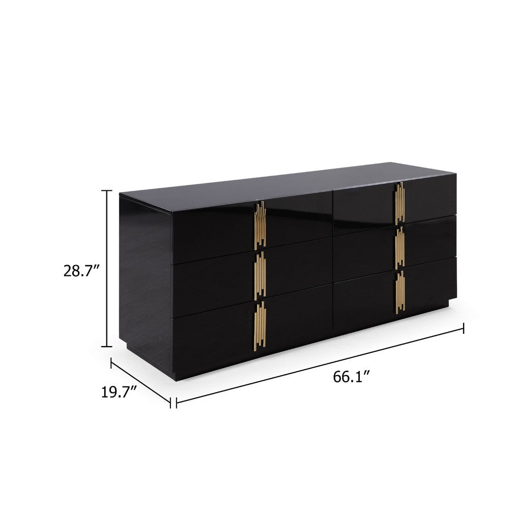 Cid Inji Dresser | 6 Drawers w Vertical Handles | 66’’ | Glossy Black Wood BM338231