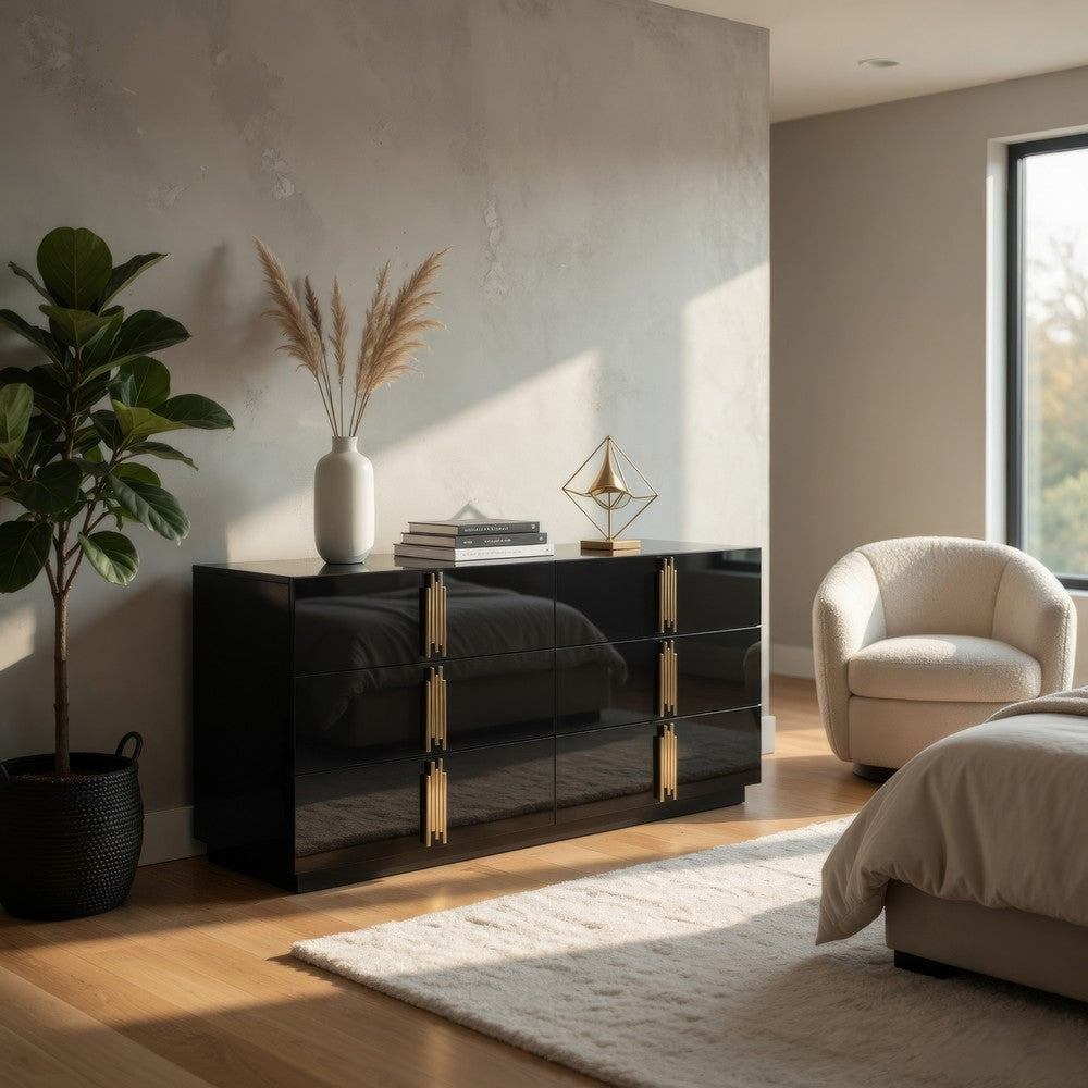 Cid Inji Dresser | 6 Drawers w Vertical Handles | 66" | Glossy Black Wood