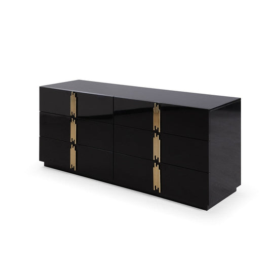 Cid Inji Dresser | 6 Drawers w Vertical Handles | 66" | Glossy Black Wood
