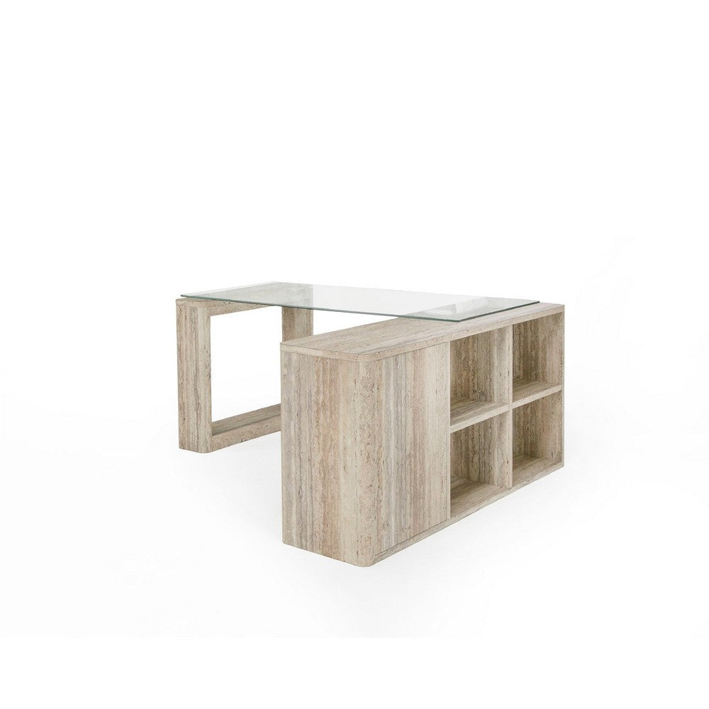 Noe Mali L Shaped Desk | Faux Travertine| 63’’ Glass Top BM338233