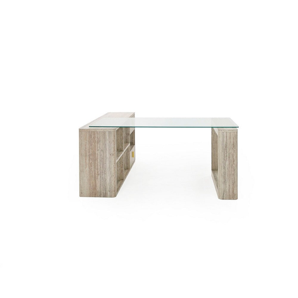 Noe Mali L Shaped Desk | Faux Travertine| 63’’ Glass Top BM338233