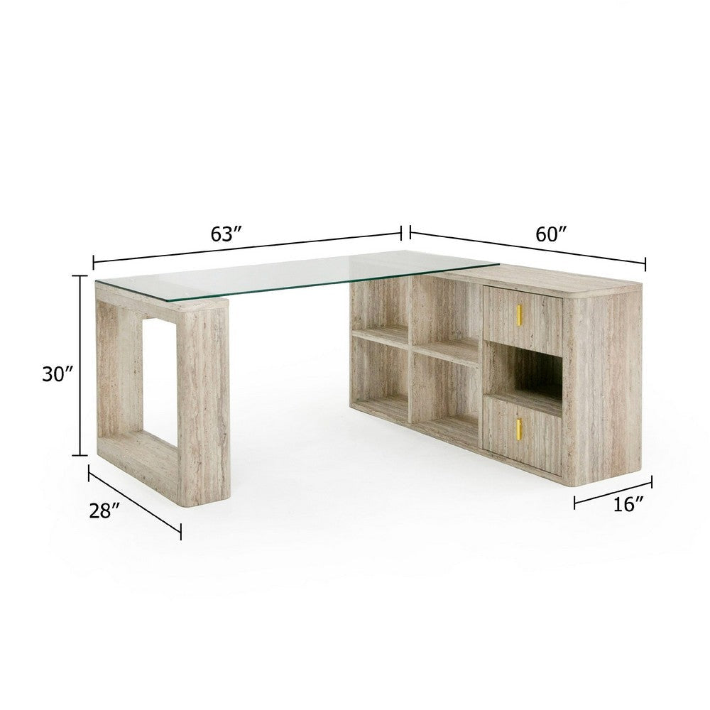 Noe Mali L Shaped Desk | Faux Travertine| 63’’ Glass Top BM338233