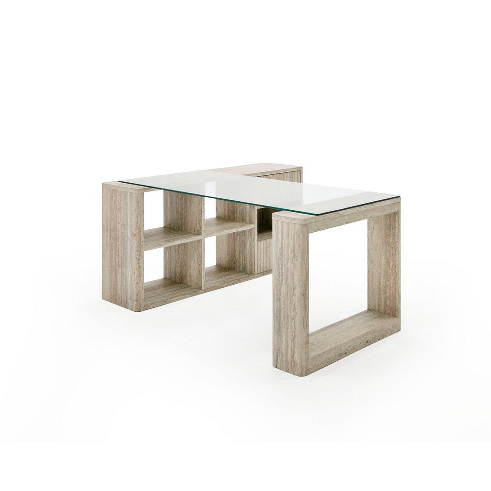 Noe Mali L Shaped Desk | Faux Travertine| 63" Glass Top