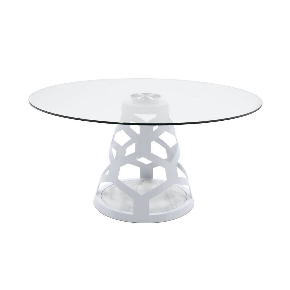 Cid Loku Dining Table | 59" Round Clear Glass Top | White Metal Base