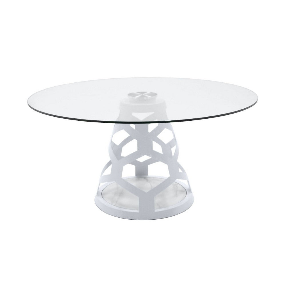 Cid Loku Dining Table | 59" Round Clear Glass Top | White Metal Base