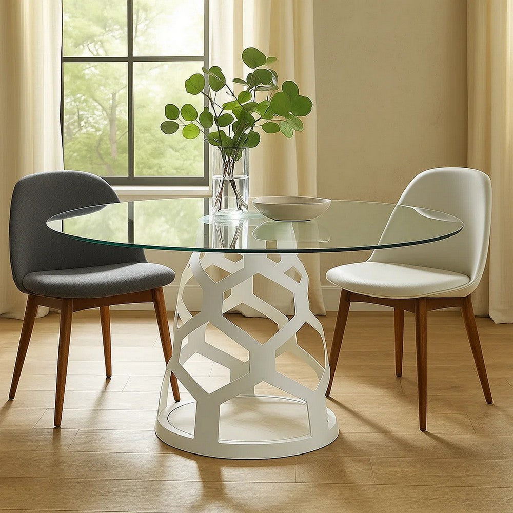 Cid Loku Dining Table | 59" Round Clear Glass Top | White Metal Base