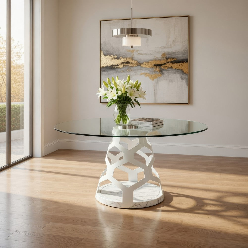Cid Loku Dining Table | 59" Round Clear Glass Top | White Metal Base
