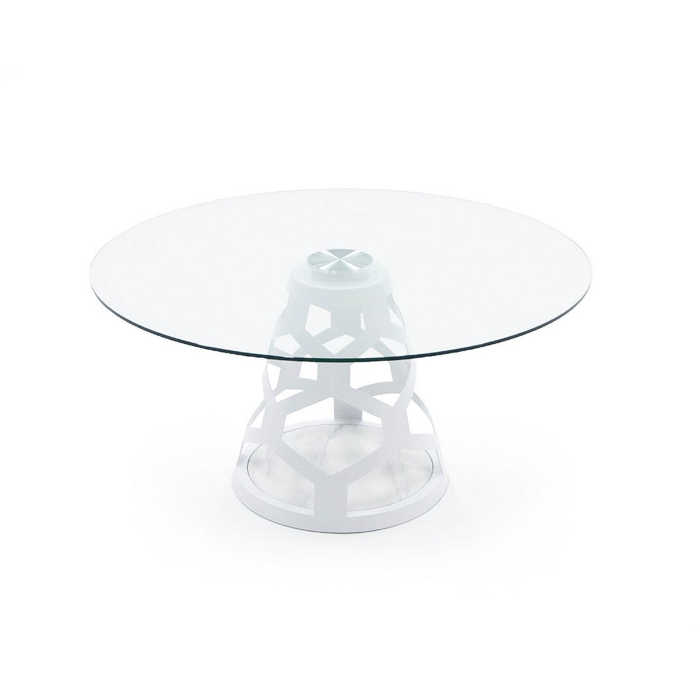 Cid Loku Dining Table | 59" Round Clear Glass Top | White Metal Base