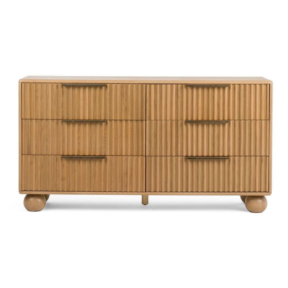 Cid Joya Dresser | 6 Drawers w Gold Handles | Reeded Brown Solid Oak Wood | 57’’ BM338244