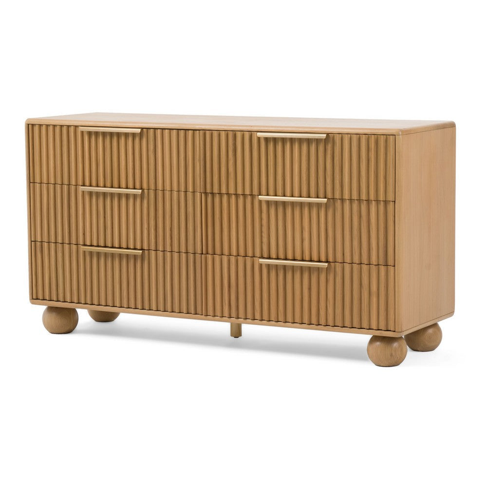 Cid Joya Dresser | 6 Drawers w Gold Handles | Reeded Brown Solid Oak Wood | 57’’ BM338244