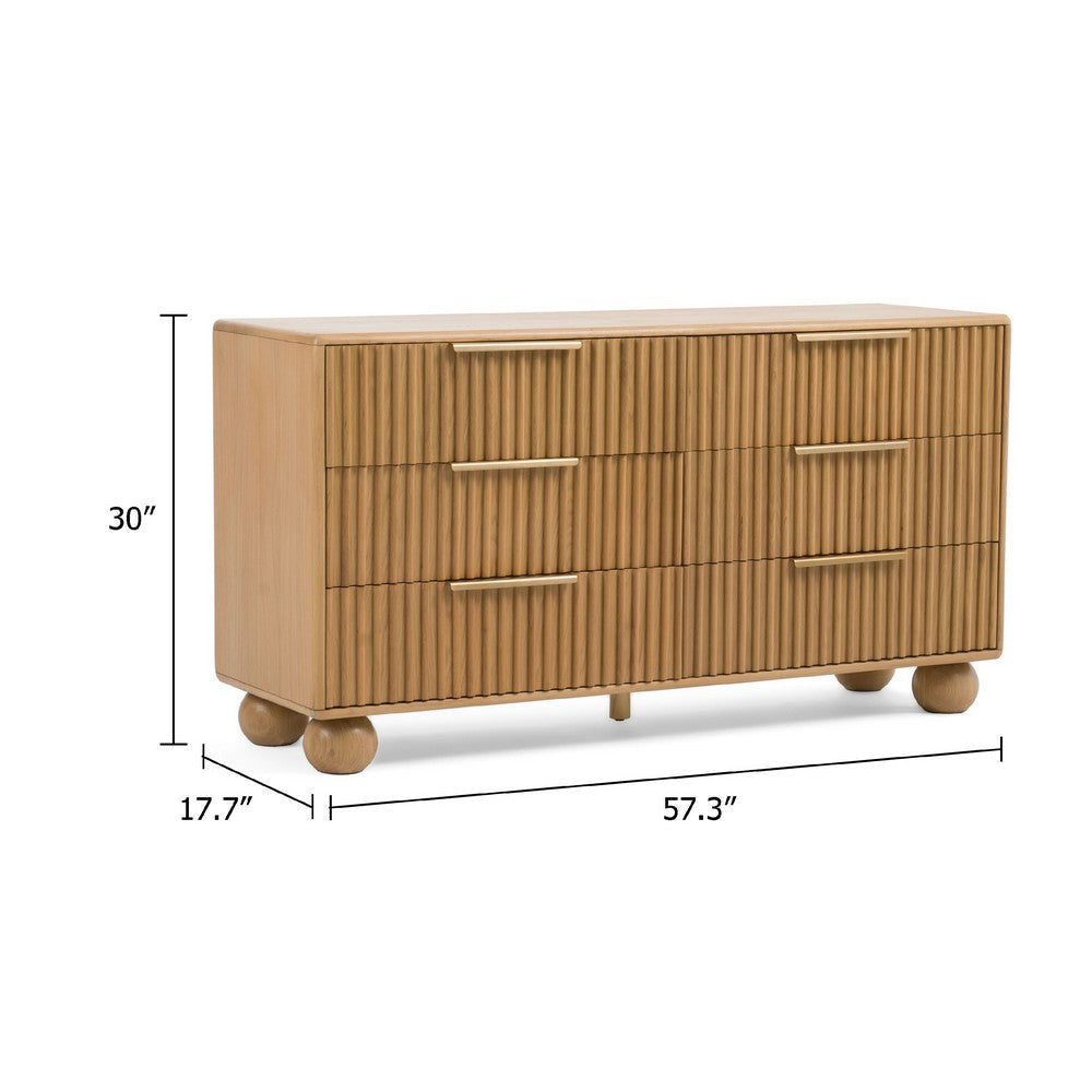 Cid Joya Dresser | 6 Drawers w Gold Handles | Reeded Brown Solid Oak Wood | 57’’ BM338244