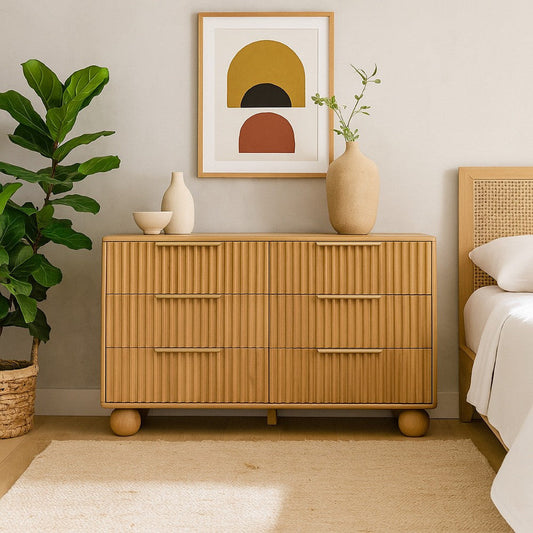 Cid Joya Dresser | 6 Drawers w Gold Handles | Reeded Brown Solid Oak Wood | 57"