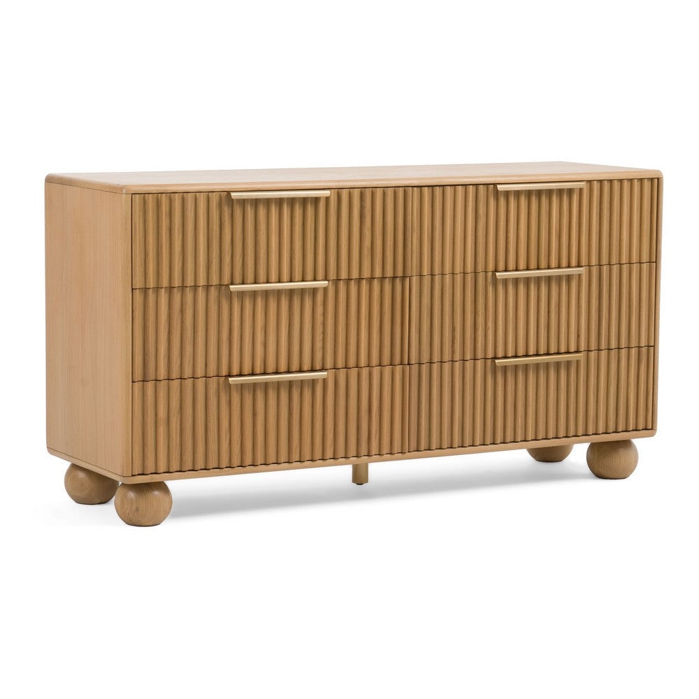 Cid Joya Dresser | 6 Drawers w Gold Handles | Reeded Brown Solid Oak Wood | 57"