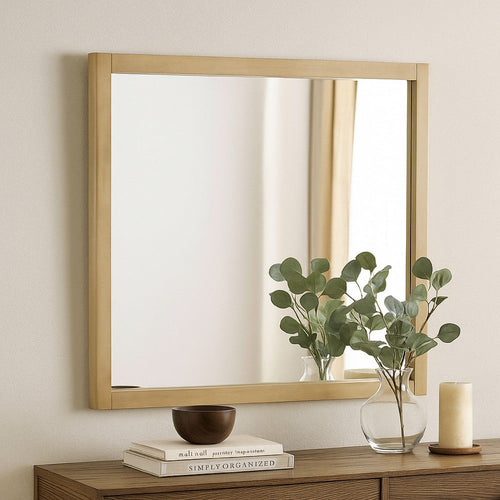 Noe Celia Accent Mirror | 40" Square Oak Wood Frame | Brown Finish