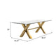 Cid Dogi Dining Table | 87’’ Glass Top | Brushed Gold X-Frame Legs BM338250