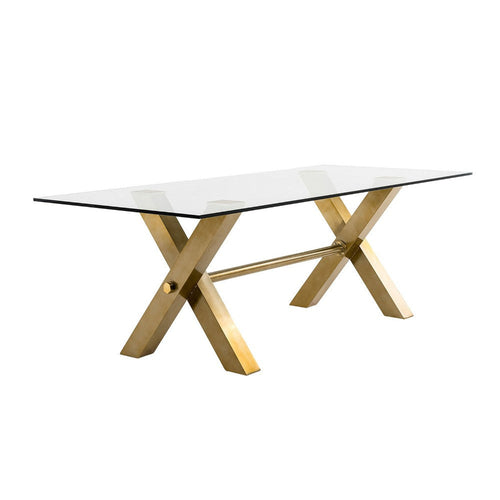 Cid Dogi Dining Table | 87" Glass Top | Brushed Gold X-Frame Legs