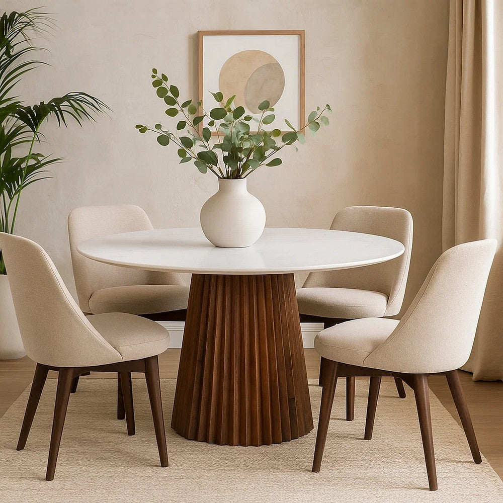 Cid Nono Dining Table | 53" White Marble Top | Walnut Wood Pedestal Base