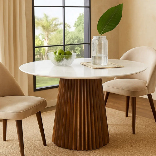 Cid Nono Dining Table | 53" White Marble Top | Walnut Wood Pedestal Base