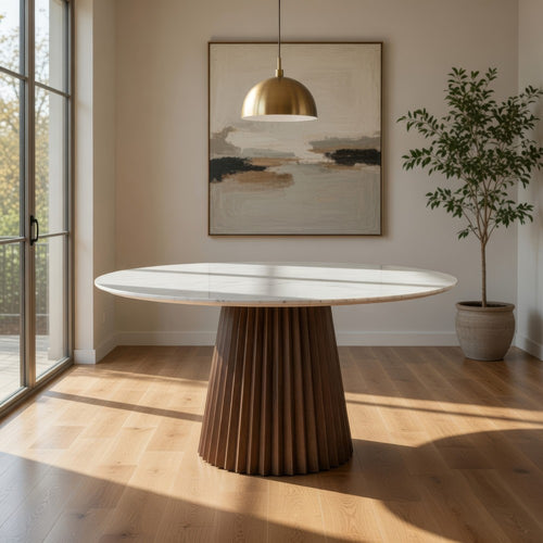 Cid Nono Dining Table | 53" White Marble Top | Walnut Wood Pedestal Base