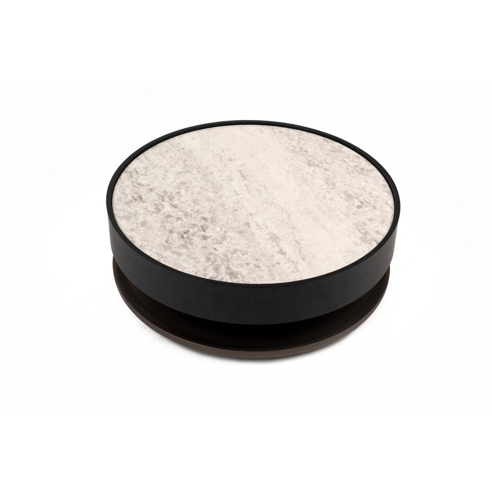 Cid Mauj Coffee Table | 37" White Ceramic Top | Black Oak Veneer Body