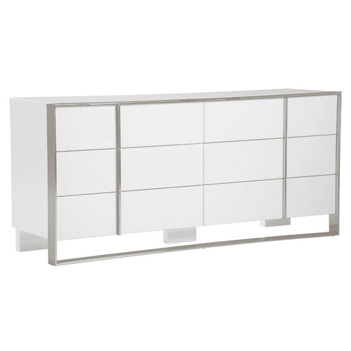Cid Xato Dresser | Glossy White Wood w Steel Base | 6 Drawers | 68"