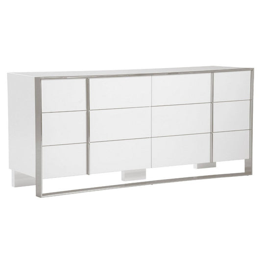 Cid Xato Dresser | Glossy White Wood w Steel Base | 6 Drawers | 68"
