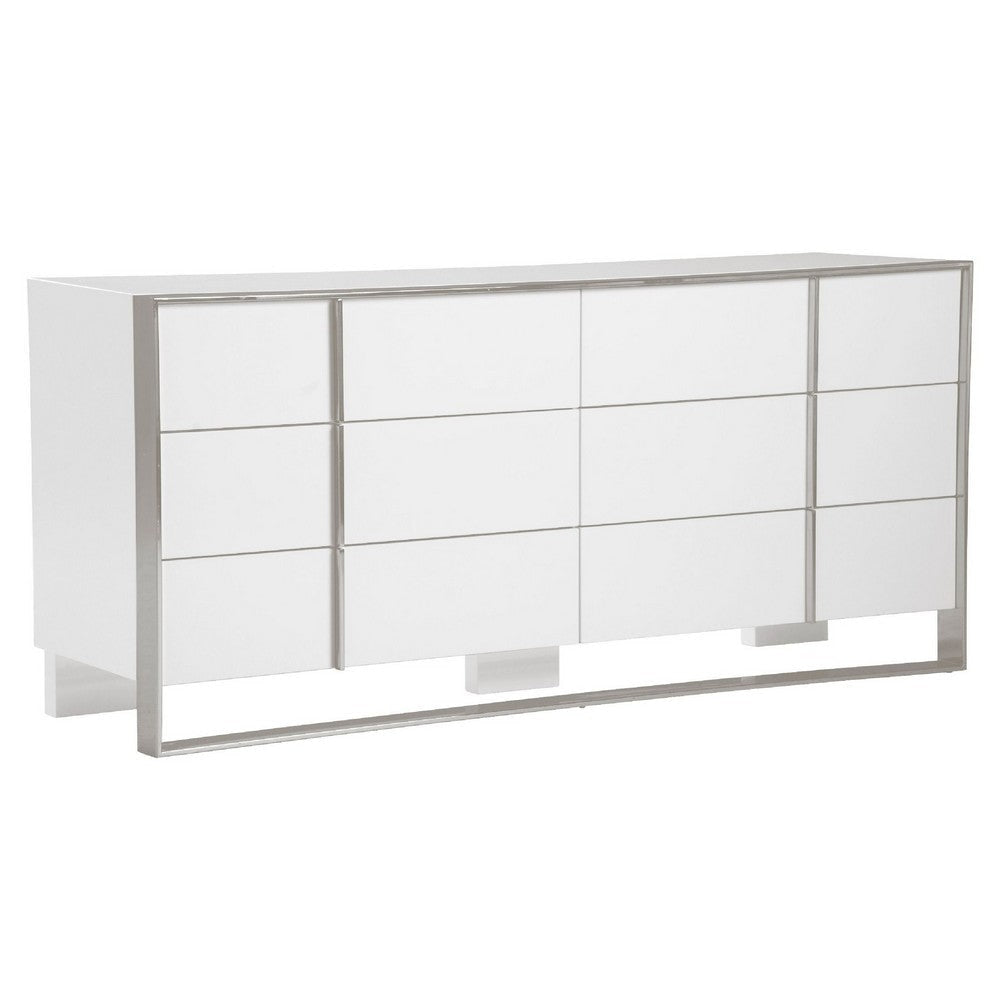 Cid Xato Dresser | Glossy White Wood w Steel Base | 6 Drawers | 68"