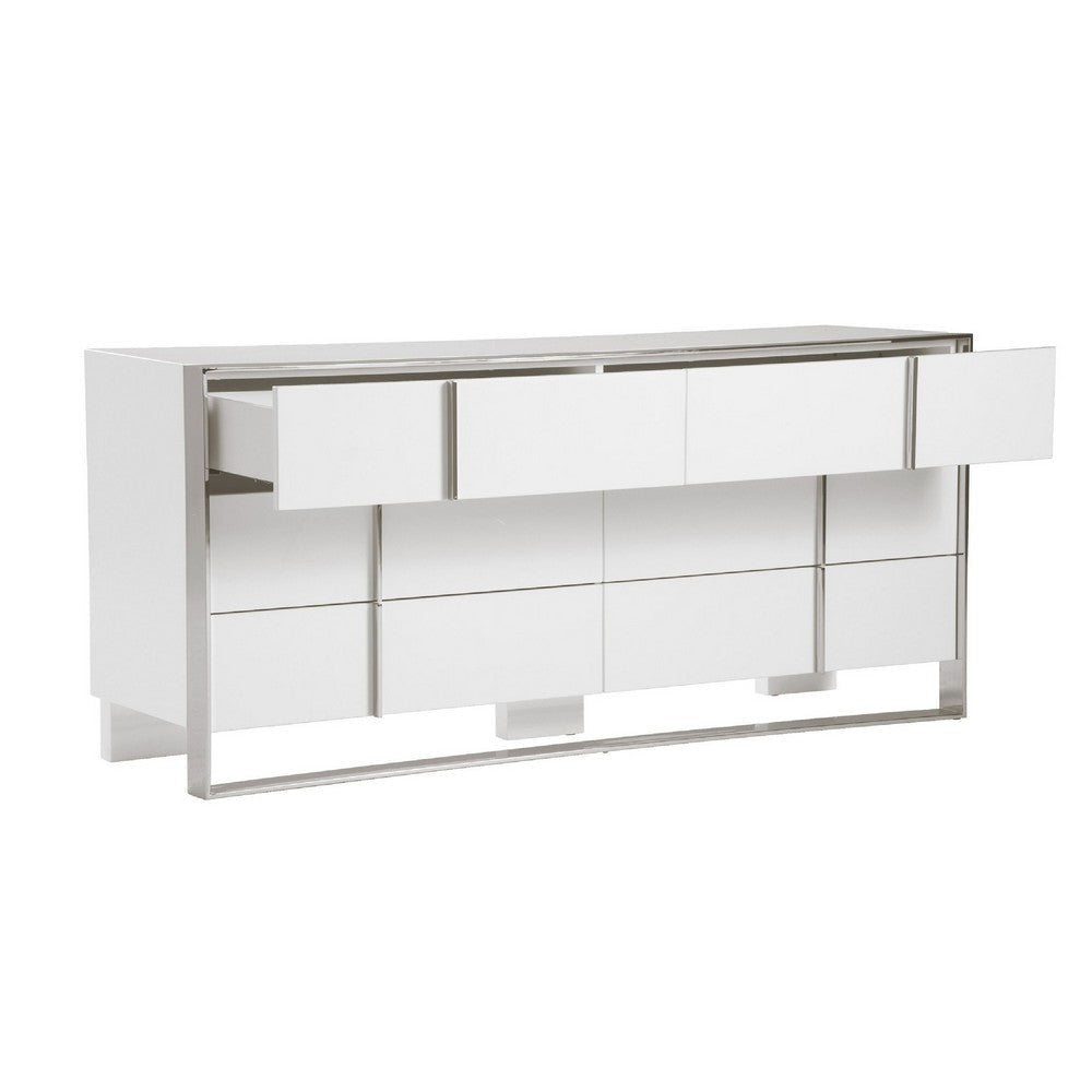 Cid Xato Dresser | Glossy White Wood w Steel Base | 6 Drawers | 68’’ BM338257
