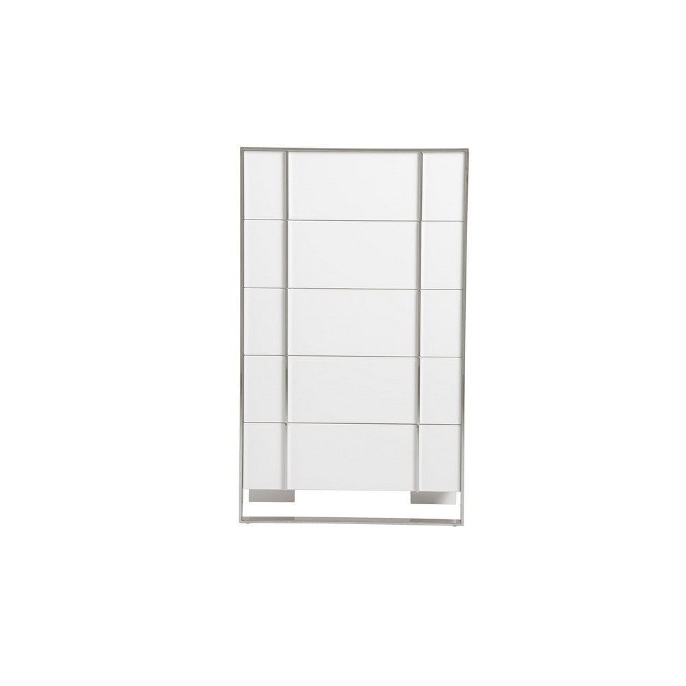 Cid Xato Tall Dresser Chest | Glossy White Wood & Steel | 5 Drawers | 55’’ BM338259